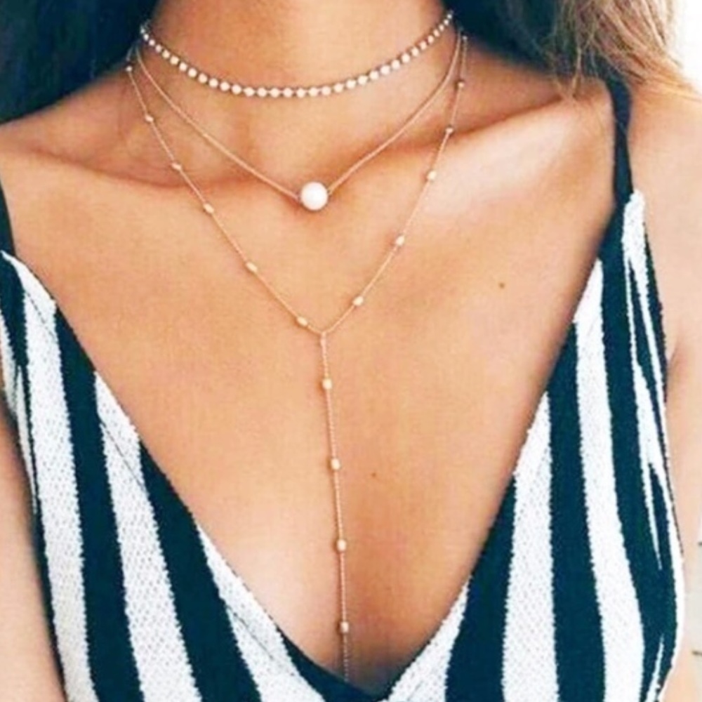 Multi Layer Choker Necklace faux pearl rhinestone